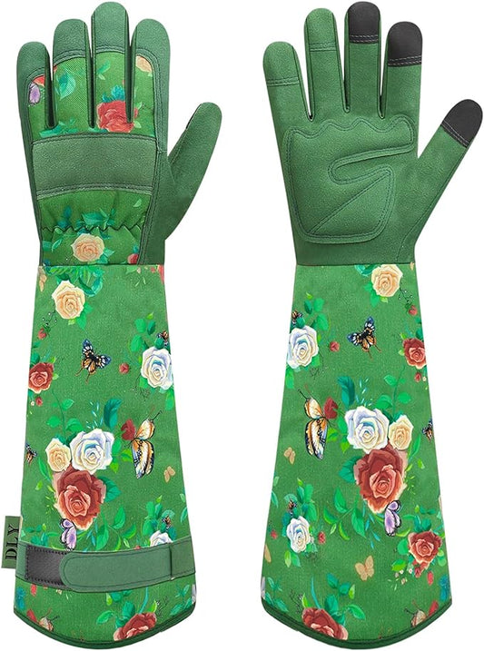 DLY Gardening Gloves for Women, Rose Gloves Gardening Thorn Proof, Long Garden Gloves for Women, Durable and Comfortable Leather Gauntlet (X-Large, Green