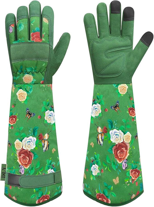 DLY Gardening Gloves for Women, Rose Gloves Gardening Thorn Proof, Long Garden Gloves for Women, Durable and Comfortable Leather Gauntlet (Medium, Green