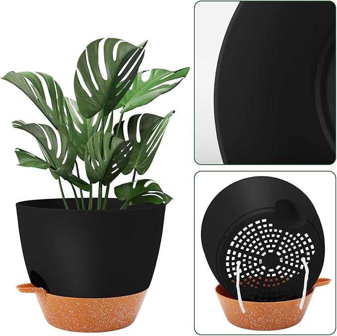 GARDIFE 10 inch Plant Pots,Self Watering Pots, 2 Pack Flower pots, Large Plastic Planters with Deep Reservior and High Drainage Holes for Indoor Outdoor Plants and Flowers, Black