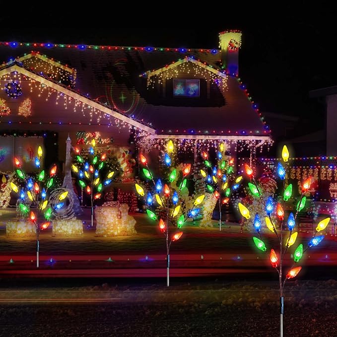 Upgraded 4 Pack Solar Christmas Garden Stake Lights for Christmas Decorations, 8 Modes Solar Christmas Yard Stake Outdoor Waterproof Christmas Strawberry Lights for Garden Patio Yard Pathway Grave