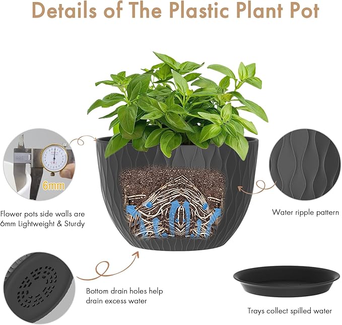 12 Inch Large Plant Pots for Indoor or Outdoor Plants, Wide Water Ripples Flower Pots with Drainage Holes & Saucer, Plastic Planters Set for Garden & Home Decor (Black)