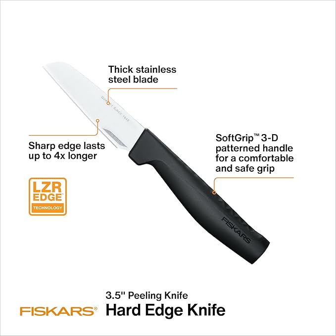 Fiskars Hard Edge 3.5" Peeling Knife - Japanese Stainless Steel Blade Stays Sharp for Everyday Use - Non-Slip Handle for Effortless Cutting - Dishwasher Safe