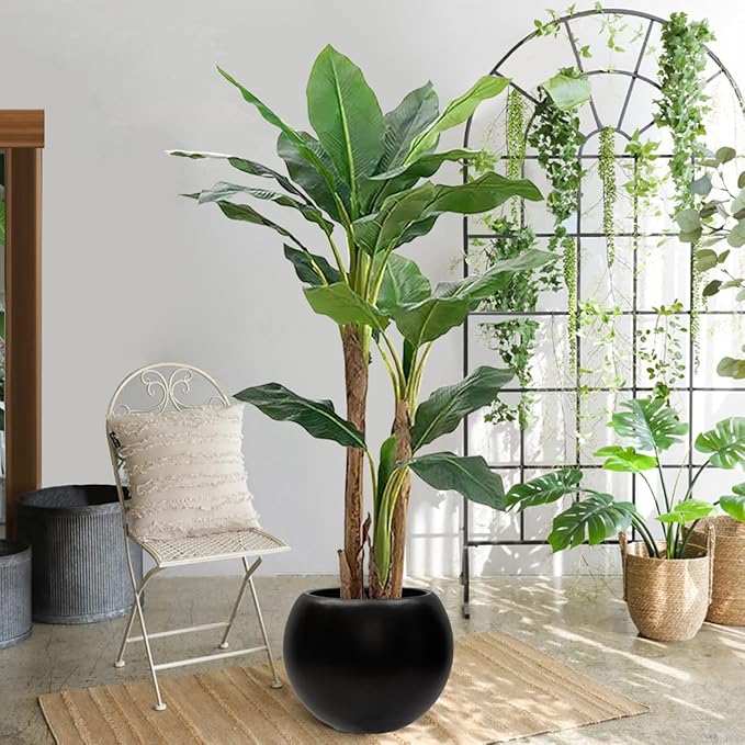 13.5 H x 17" Dia (12" Pot Opening) Black Round Fiberstone Planter with Drainage Hole, Indoor/Outdoor Large Plant Pot for Home Patio Garden, Ideal for Large Plants