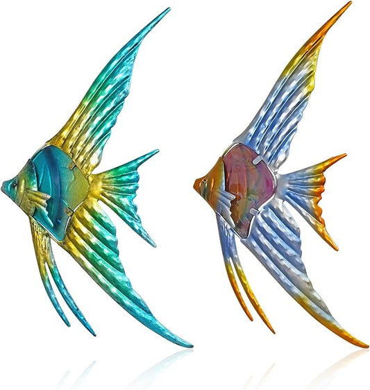 LIFFY Metal Fish Wall art Decor Beach Wall Decor Angelfish Art Sculpture Hanging for Outdoor Ocean Beach Sea Pool Decorations(Pair of Angelfish)