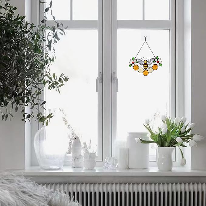 Bee Decor Stained Glass Window Hanging,Honeybee Honeycomb with Flowers Suncatcher for Window,Wall Art Ornaments,Birthday Gifts for Women,Friends,Housewarming Gift