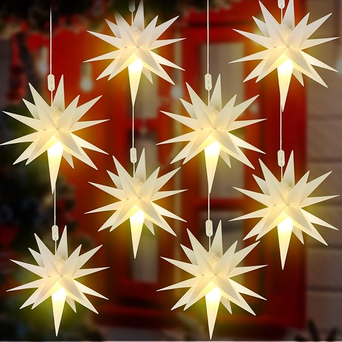 Kingdder 8 Pieces Moravian Star Light LED 3D Star Hanging Light Powered by Battery with Timer Function White Porch Lantern Holiday Decor for Indoor Outdoor Christmas Tree Balcony Courtyard (12 Inch)