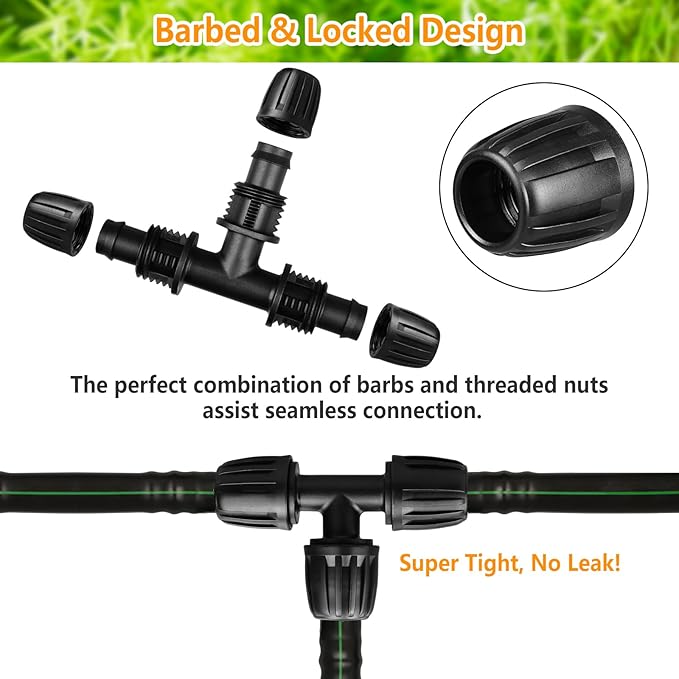 Drip Irrigation Fittings for 1/2 Inch Tubing (0.60"-0.63" OD), 10 Pieces Barbed Tee Drip Parts Locked Tee Connectors, 3 Way Drip Line Nuts Connectors for 1/2" Drip Irrigation Hose (13mm ID)