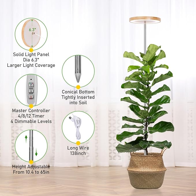 LORDEM Bamboo Grow Light for Indoor Plants, Full Spectrum LED Plant Grow Light, Height Adjustable Growing Lamp with Auto Timer 4H/8H/12H, 4 Dimmable Levels, Ideal for Large Tall Plants, 2 Pack