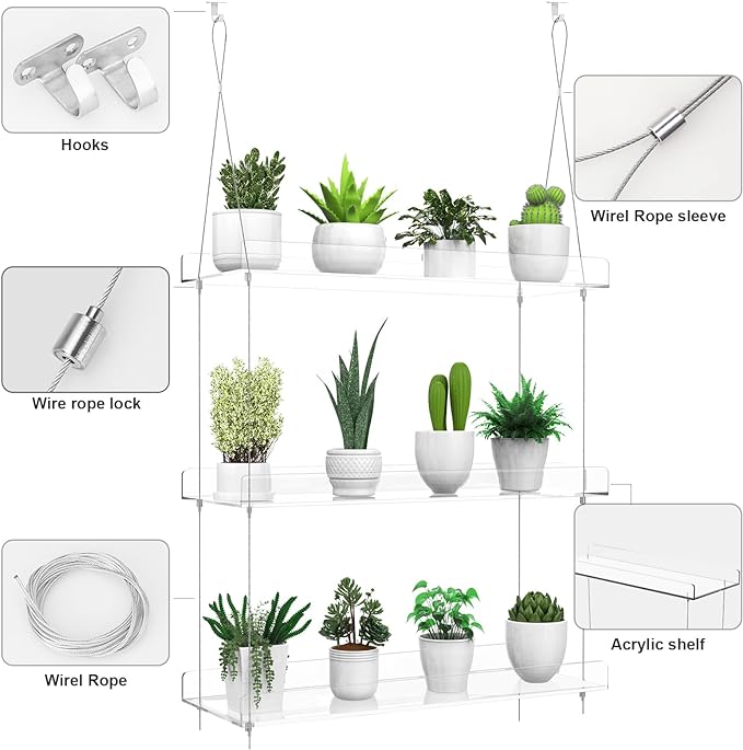 3-Tier Hanging Clear Plant Shelves for Windows, Acrylic Window Wall Plant Stand Shelf for Kitchen Indoor Gardens, Flower, Succulents, Herb, Seedling Organization, and Pots Display, 16 Inch per Tier