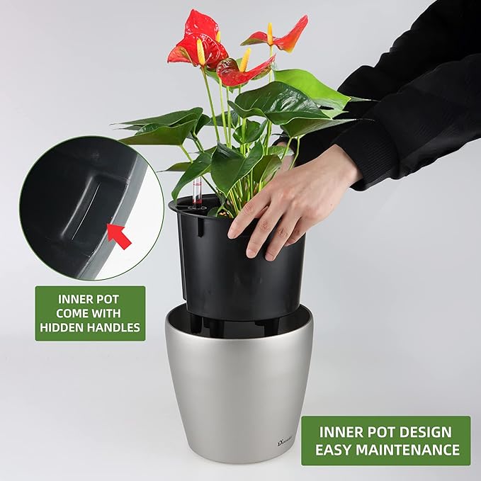 Dexceder 9x8 Inches Self Watering Planter Metallic Matte Indoor Outdoor, Inner Pot Design, Thickened Table Flower Plant Pot with Water Level Indicator (Smoky Gray)
