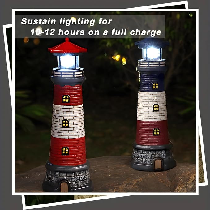 Garden Outdoor Statues, Waterproof Lighthouse Lights Lawn Decor; Automatic Rotating Solar Lights for Yard, Patio, Ground, Tabletop Decoration; Unique Housewarming Gifts - Red