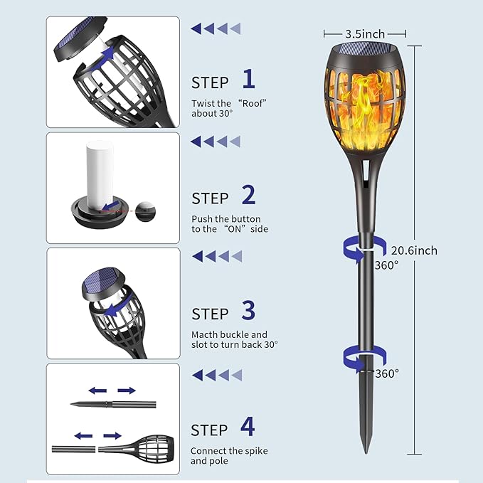 8 Pack Led Solar Torch Light with Flickering Flame Outdoor Waterproof Solar Flame Torch Garden Lights for Outside Yard Pathway Decoration