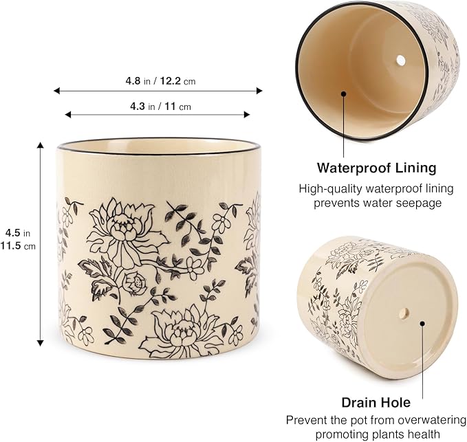 Indoor Ceramic Plant Pots with Drainage Holes 5 Inch Cute Succulent Flower Pots Small Orchid Planter Pots for Indoor Plants Garden Pots, Peony