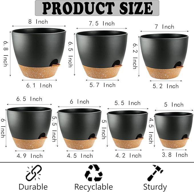 Indoor Pots for Plant Self Watering Plant Pots for Lazy People, 8/7.57/6.5/6/5.5/5 Inch,Black Plastic Self Watering Planter for All Houseplants,Succulent, African Violets, Flowers and Cactus