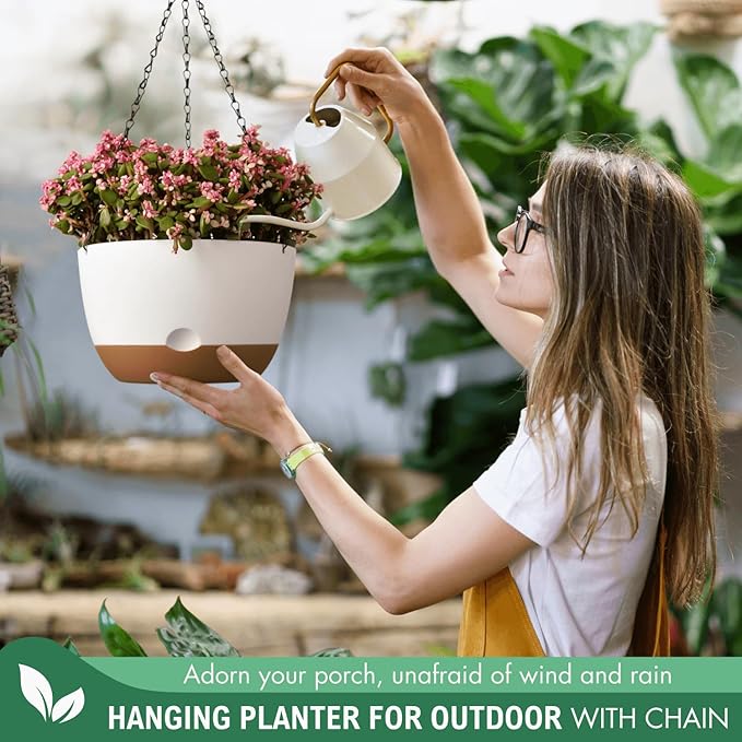 10 Inch Hanging Planters for Indoor Plants,Set of 2 Hanging Pots for Plants with Self-Watering, Outdoor Hanging Plant Pot with Drainage and 2 Kinds of Hanging Baskets Hangers for Home Decor and Garden