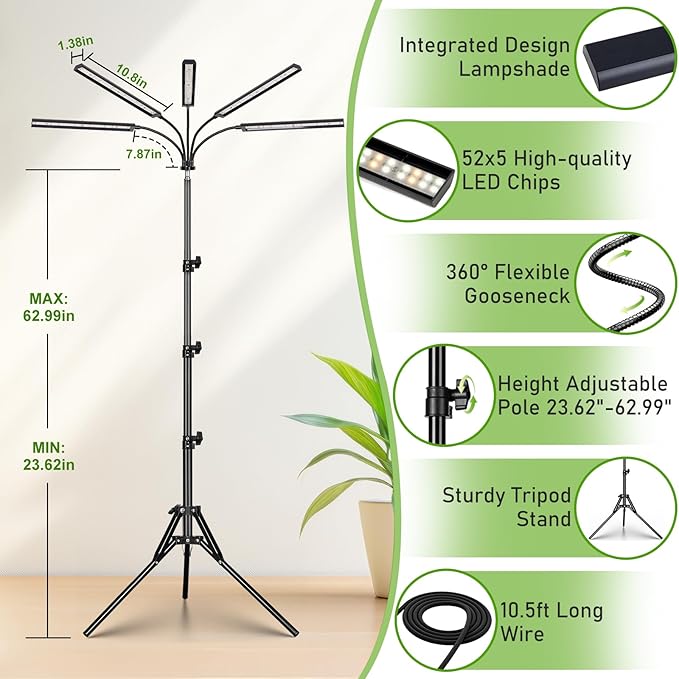 FOXGARDEN® Grow Lights for Indoor Plants with Stand, Full Spectrum Plant Lights for Indoor Growing with Flexible Gooseneck, Five-Head Floor Grow Lamp with 4/8/12H Timer & 4 Brightness Levels