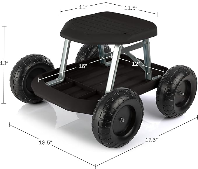 Pure Garden Gardening Stool - Rolling Garden Seat with Wheels and Storage Tool Tray - Garden Cart Scooter - Yard Tools (Black)