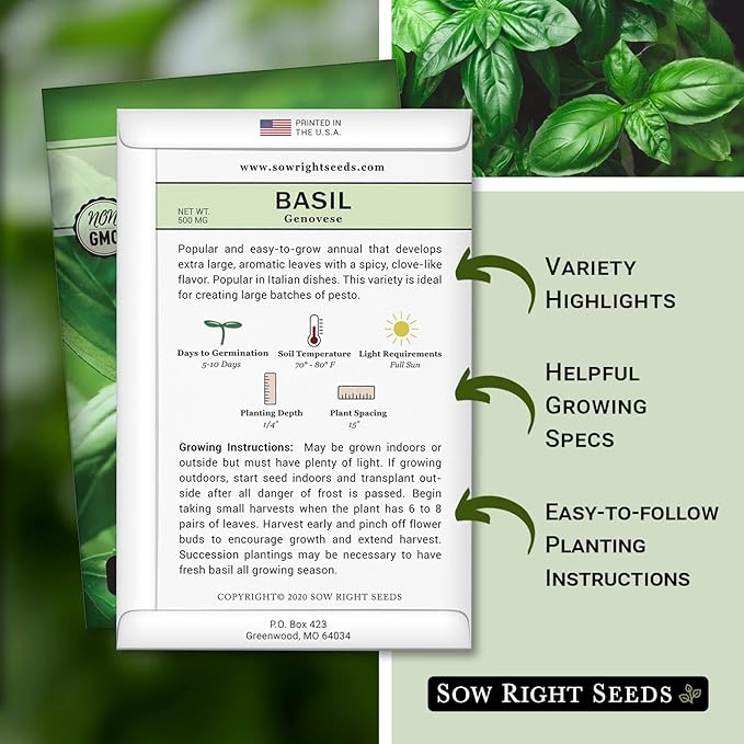 Sow Right Seeds - Genovese Sweet Basil Seed for Planting - Non-GMO Heirloom Packet with Instructions to Plant and Grow a Kitchen Herb Garden - Indoors or Outdoor - Great for Hydroponic Gardening (2)