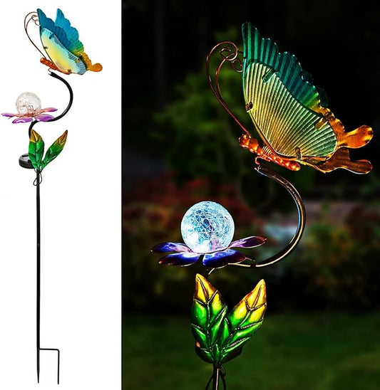HONGLAND Solar Butterfly Garden Lights, Outdoor Lights Garden Decor for Outside, Flower Yard Decorations, Metal Yard Art for Patio Decor, Gifts for Mom