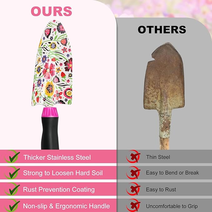 Gardening Tools Set, 10 PCS Stainless Steel Heavy-Duty with Non-slip Soft Rubber Handle with Large Garden Bag, Floral Pattern Gardening Tool Set Gifts for Women Birthday Mother's Day, Pink