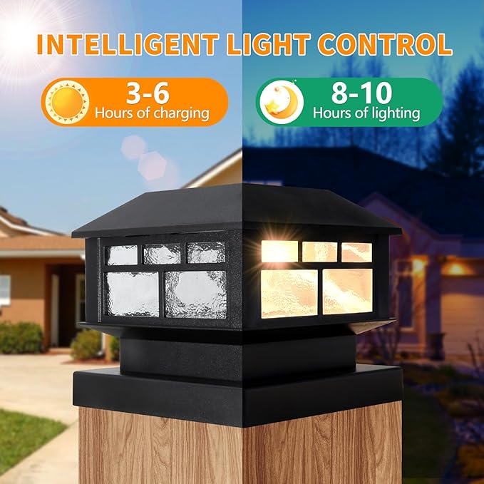 Solar Post Cap Lights Outdoor, 20LM Fence Post Cap Lights, 3.5x3.5 4x4 5x5 Inch Wooden Post Solar Lights Waterproof, Deck Lights Solar Powered for Garden Deck Patio Decoration(Black 2 Packs)