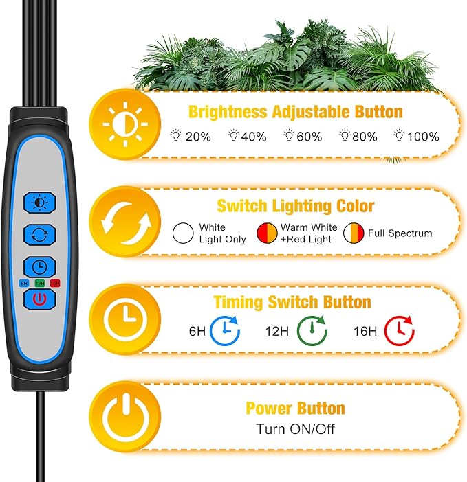 Wolezek Grow lights for Indoor Plants, 4-Head Full Spectrum LED Grow Light with Adjustable Tripod Stand 15-61 inches for Seed Starting, 3500K 6500K 660nm White Red Floor Plant Lamp with 6/12/16H Timer