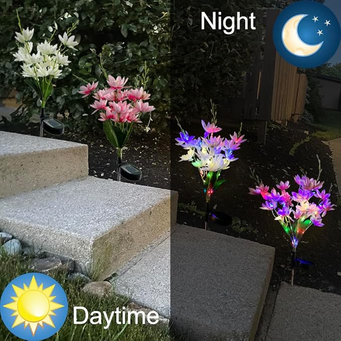 GUOCHENG 4 Pack Solar Flower Lights Outdoor Garden, Denser 5-Head Snow Lotus Solar Flower Decor, 4-Color Light & 2 Lightning Modes for Outside Yard Patio Cemetery Decorations(Colorful)