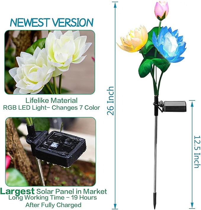 TONULAX Solar Garden Lights, Upgraded 2-Pack, Solar Lotus Flower Lights, Plastic Silk, Multi-Color, LED, Waterproof, Touch Control, 18-Hour Runtime