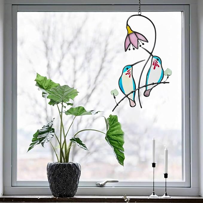 2 Hummingbirds Stained Glass Suncatcher for Windows Hangings Ornament, Hummingbird Sun Catchers Gifts for Women,Indoor Window Decor, Memorial Gifts for Mom/Bird Lovers