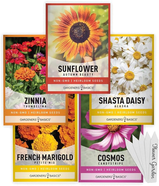 Gardeners Basics, Flower Garden Seeds for Planting Outdoors Flower Seeds (5 Variety Pack) Daisy, Marigold, Cosmos, Sunflower, Zinnia Varieties for Bees, Pollinators Wildflower Seed