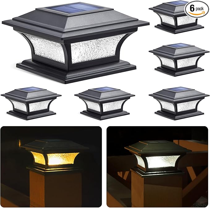 SIEDiNLAR Solar Post Cap Lights Outdoor Glass LED Fence Deck Light 2 Modes for 4x4 5x5 6x6 Wooden Vinyl Posts Patio Garden Decoration Warm White/Cool White Lighting Black (6 Pack)