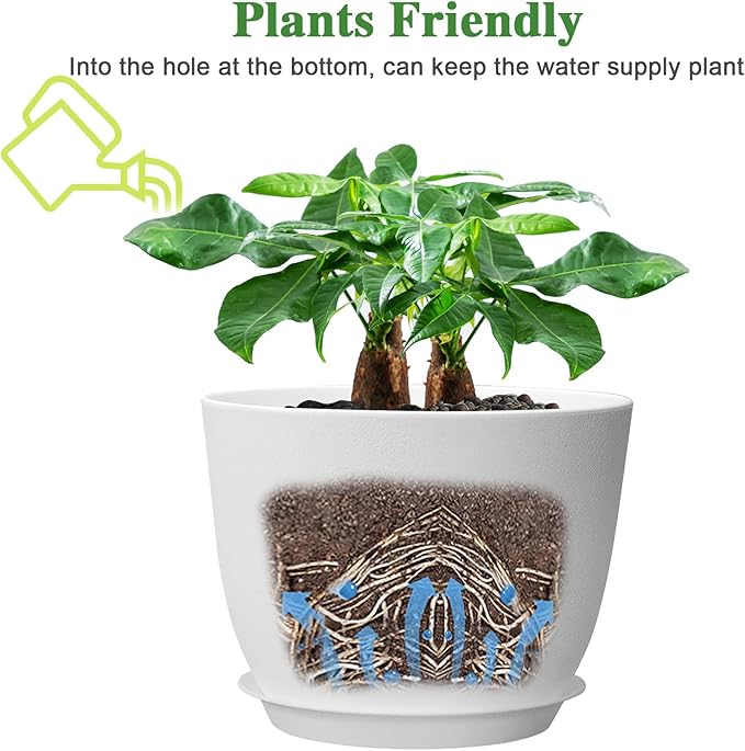 12inch Large Plant Pot, Modern Plastic Planter with High Driange Holes and Saucer for Indoor Outdoor Garden Plants and Flowers, White