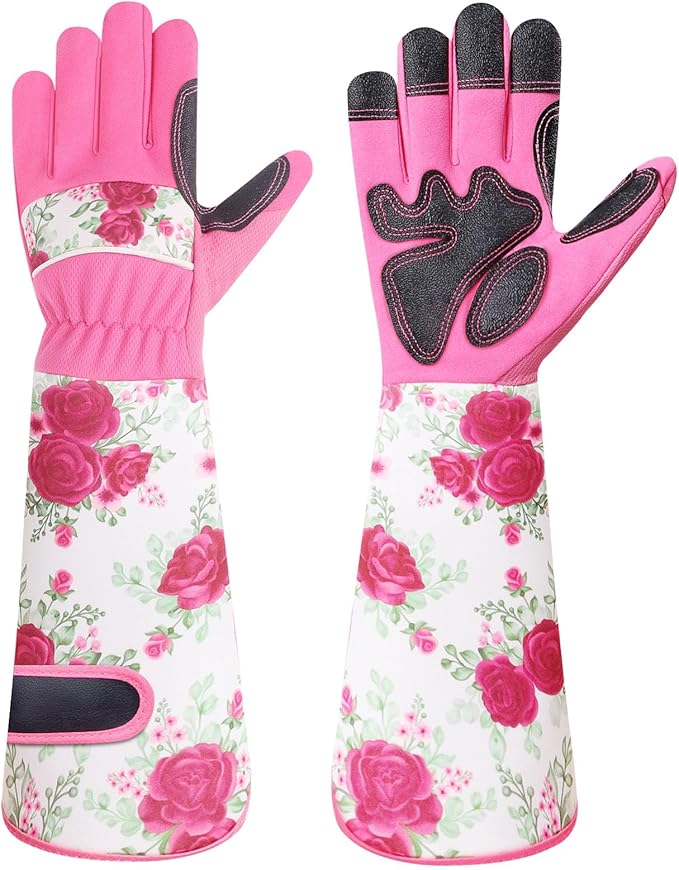 DLY Gardening Gloves for Women, Rose Gloves Gardening Thorn Proof, Long Garden Gloves for Women, Breathable & Durable Leather Gauntlet (Medium, Rose Red)