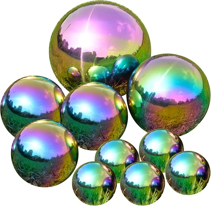 Nerien Gazing Ball, Stainless Steel Garden Mirror Globe, Polished Ornament Sphere, Hollow Floating Reflective Hemisphere, for Home Outdoor Pond Housewarming Swimming Pool Decoration, Rainbow, 10Pcs