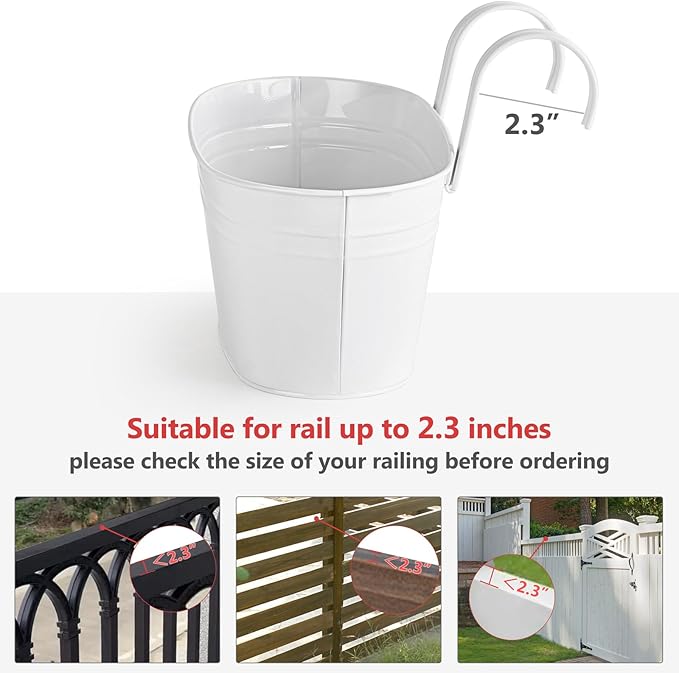 Dahey Metal Iron Hanging Flower Pots for Railing Fence Outdoor Planter Hanging Bucket Pots Countryside Style Window Flower Plant Holder with Detachable Hooks Home Decor,White,3 Pcs