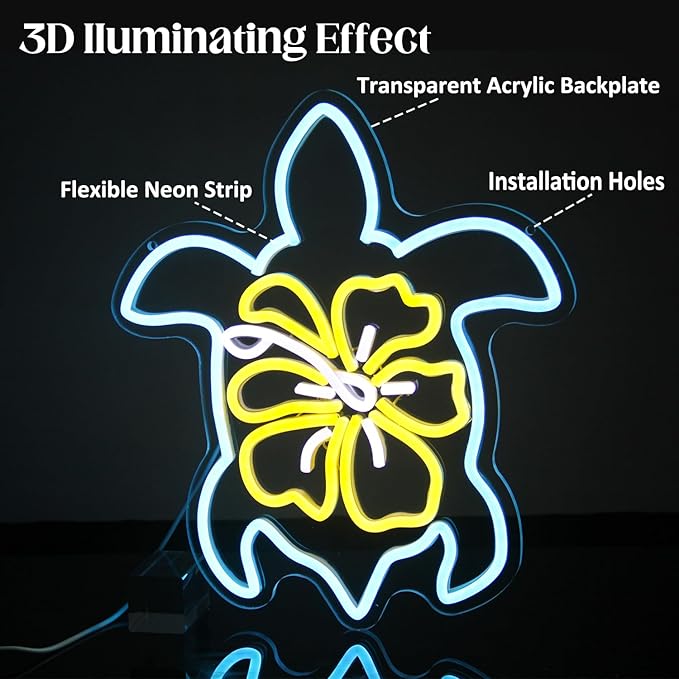 Sea Turtle Hibiscus Neon Signs for Wall Decor Blue Turtle Neon Light Yellow Flower LED Neon Wall Sign Ocean Neon Light Up Sign for Bedroom Living Room Office Decor Sea Turtle Gifts