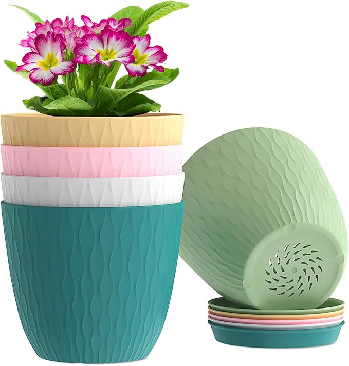 6 inch Flower Pots, 5 Pack Plant Pots with Drainage Holes and Saucers for Indoor Plants, Plastic Planters with Water Ripple for Small Garden House Plants, Nursery Pots for Succulent, Colorful