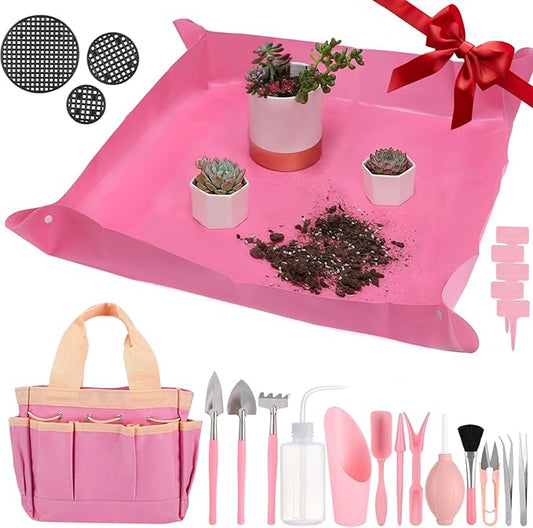 44 pcs Succulent Tool Set - 30.7in Indoor Plant Repotting Mat and 19 Pcs Mini Gardening Hand Tools Bag, Garden Plants Transplanting Supplies for Women Christmas Holiday Gardener Gifts Outdoor, Pink