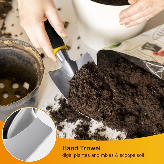 Garden Tools Set, 5 Pcs Gardening Tools with Non-Slip Rubber Grip, Including Transplanting Spade, Trowel, Cultivator, Pruner and Gardening Gloves, Ideal Garden Kit Gifts for Parents and Kids