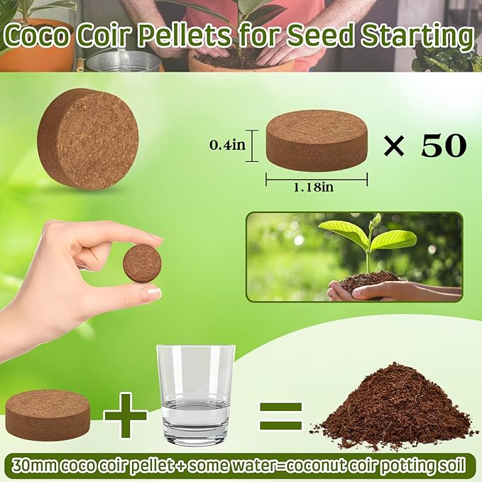Halatool 30mm 50pcs Organic Coconut Coir Pellets Soil for Planting, Compressed Coco Coir Soil Potting Soil Seed Starters for Growing Vegetables, Fruits, Flowers