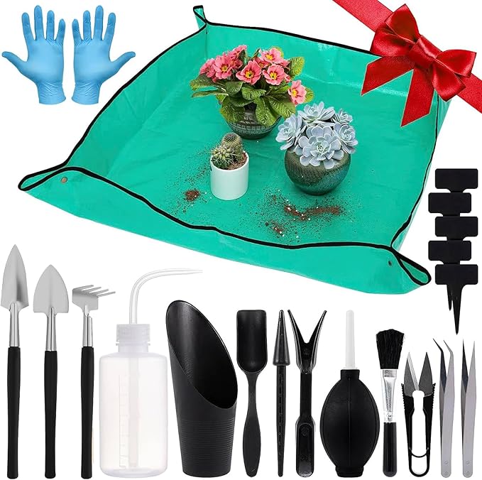 20 pcs Succulent Tool Set - 39.4" Indoor Plant Repotting Mat and 19 Pcs Mini Succulent Hand Tools, Garden Flower Plants Transplanting Supplies for Christmas Holiday Gardening Gifts Outdoor, Green