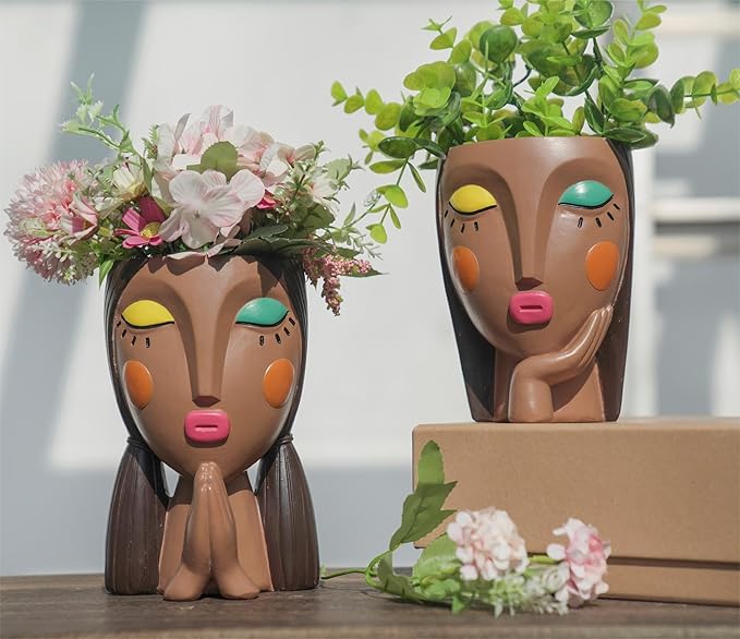 Head Planters, Face Planter Pots for Indoor Plants Funny Succulent Planter Decorative Face Pots for Garden, Office, Living Room, Shelf-Painted & Praying
