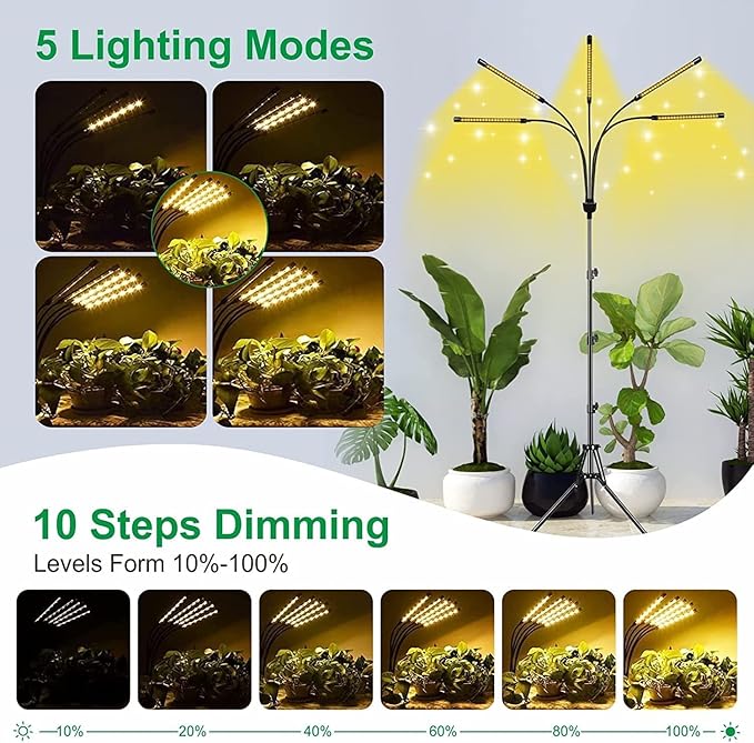 KEELIXIN 5-Head Adjustable LED Lights, Full Spectrum Grow Lamp with Timer, Warm White Light for Indoor Plants