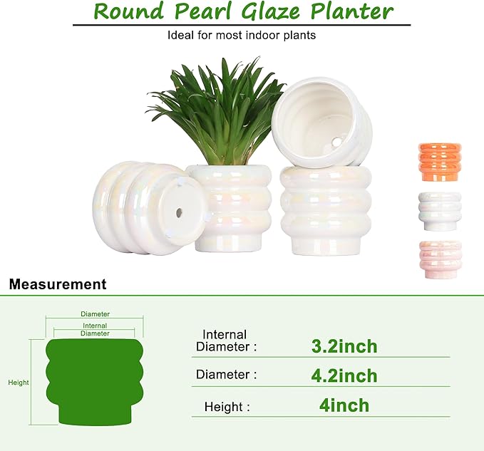 4.1 inch 4 pcs Ceramic Plant Pots for Indoor Plants, Rainbow Pearl Glaze Planter with Planters for Plants with Drainage Hole, Orchid Pots, Succulent Pot, Small Flower Pot (White)