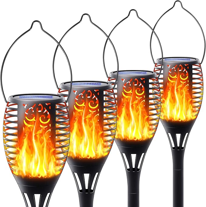 4Pack Solar Torch Light with Flickering Flame, Upgraded 3in1 Solar Lights Outdoor Hanging Lantern, Waterproof Landscape Decoration Lighting for Garden Yard Pathway Driveway, Auto On/Off
