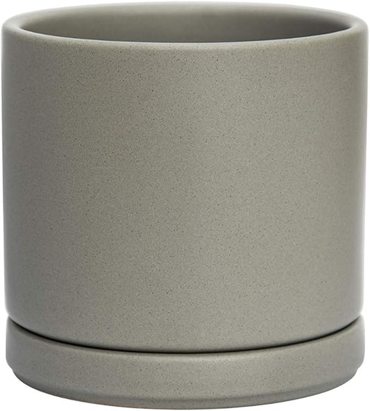 D'vine Dev Ceramic Planter Pot with Drainage Hole and Saucer, Indoor Cylinder Round Flower Pot, 4.6 Inch, Grey, 94-O-B-3