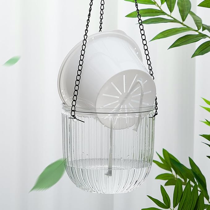 Meanplan 4 Pcs Self Watering Hanging Planter Indoor 6.5 Inch Hanging Baskets for Plants Outdoor Plastic Flower Pot with 3 Hooks Chains Drainage Holes for Garden Home, Medium Size(Clear)