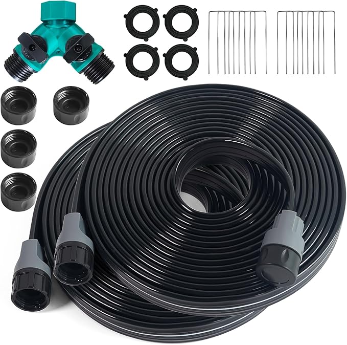 Sprinkler Hose with Holes, Flat Soaker Hose 50 ft (25 ft 2pack) with Garden Staples and Splitters, PVC Drip Line Irrigation Hoses for Lawn,Garden Beds Watering Hose (50 ft)