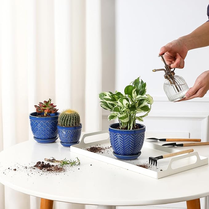 Sureasy Ceramic Plant Pots, 4.7 Inch Flower Pots for Indoor Plants, Succulent Pots with Saucer and Drainage Hole, Decorative Planter for Succulent, Cactus, Set of 4, Blue