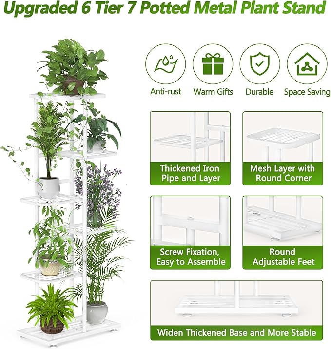 6 Tier 7 Potted White Plant Stand Indoor Outdoor with Gardening Tools and Gloves, Upgraded Corner Metal Plant Rack UnitShelf for Multiple Plants,Tall Flower Pot Holder Display for Patio, Balcony, Living Room